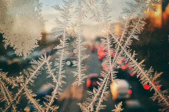 frosty window looking out on a NYC road